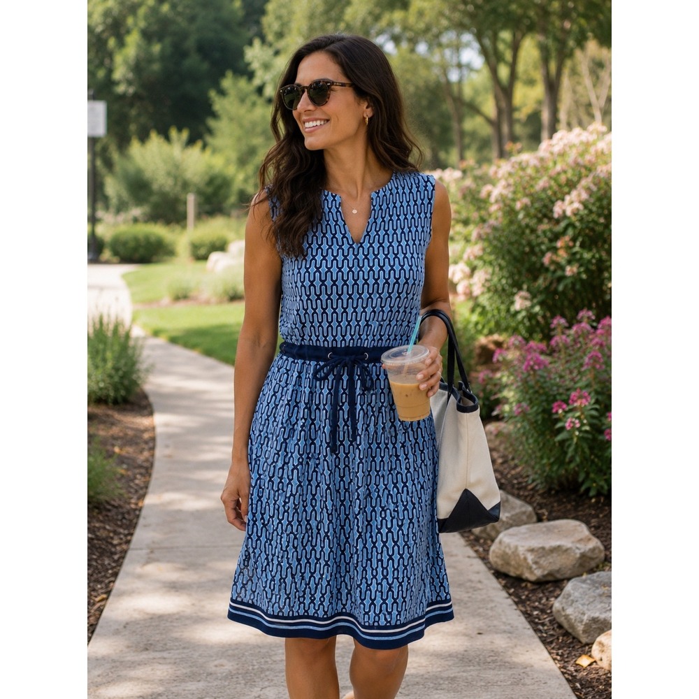 Rafaella Geometric Print Dress Womens Large‎ Blue EUC Sleeveless Cotton Knit Tie